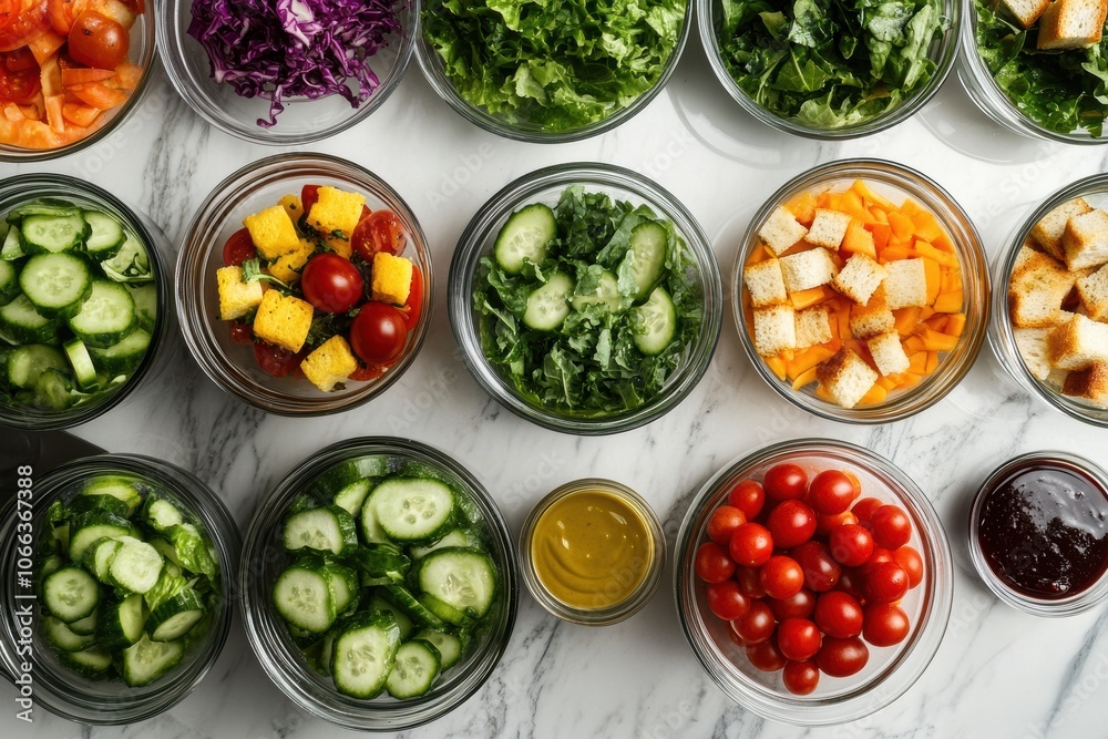 An overhead view of a fresh salad bar with an assortment of colorful ingredients like leafy greens An overhead view of a fresh salad bar with an assortment of colorful ingredients like leafy greens