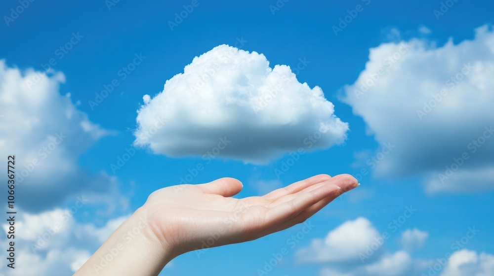 Hand Reaching for the Cloud: A solitary hand stretches towards a fluffy white cloud in a vibrant blue sky, symbolizing aspirations, growth, and the potential for limitless possibilities. Hand Reaching for the Cloud: A solitary hand stretches towards a fluffy white cloud in a vibrant blue sky, symbolizing aspirations, growth, and the potential for limitless possibilities.