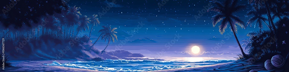 Moonlit beach pixel art with seashells palm trees stars Moonlit beach pixel art with seashells palm trees stars