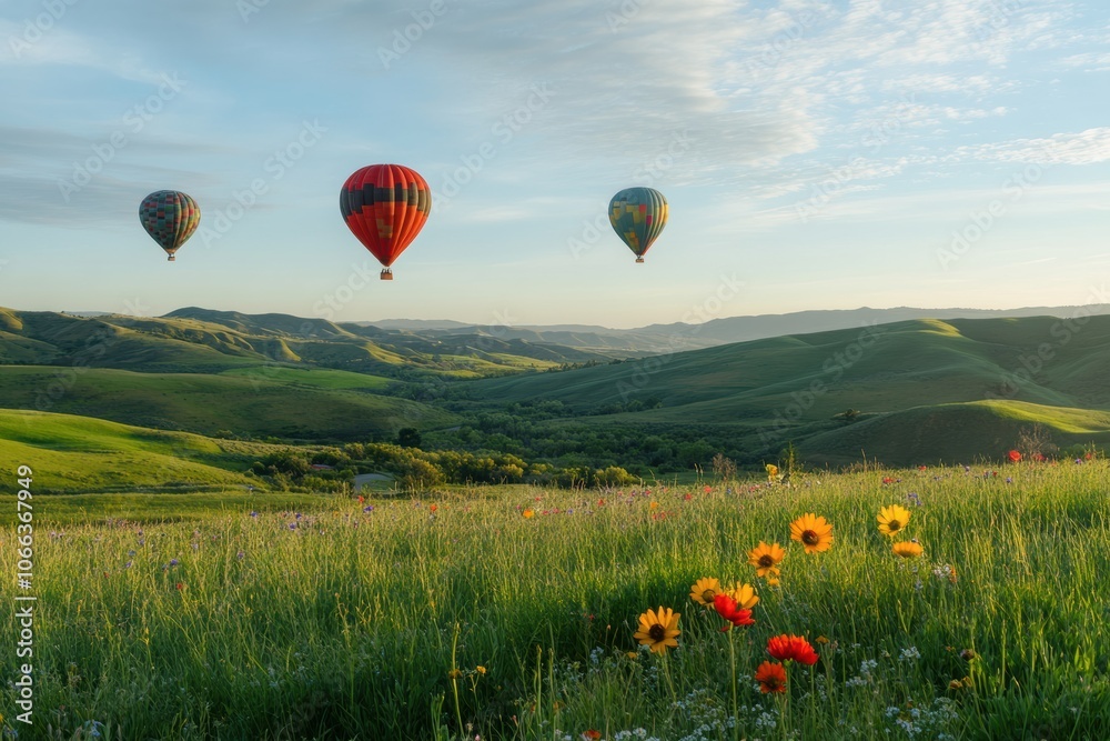 Fototapeta premium Colorful hot air balloons floating above soft, rolling hills covered in green grass and wildflowers.