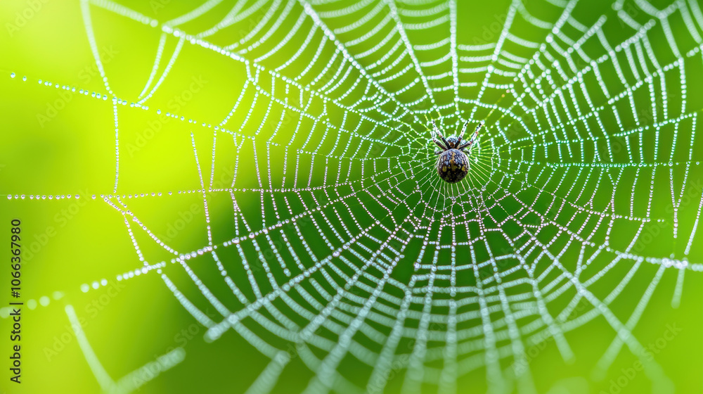 Naklejka premium A spider sits in the center of a dewy web, beautifully highlighted against a soft green background.