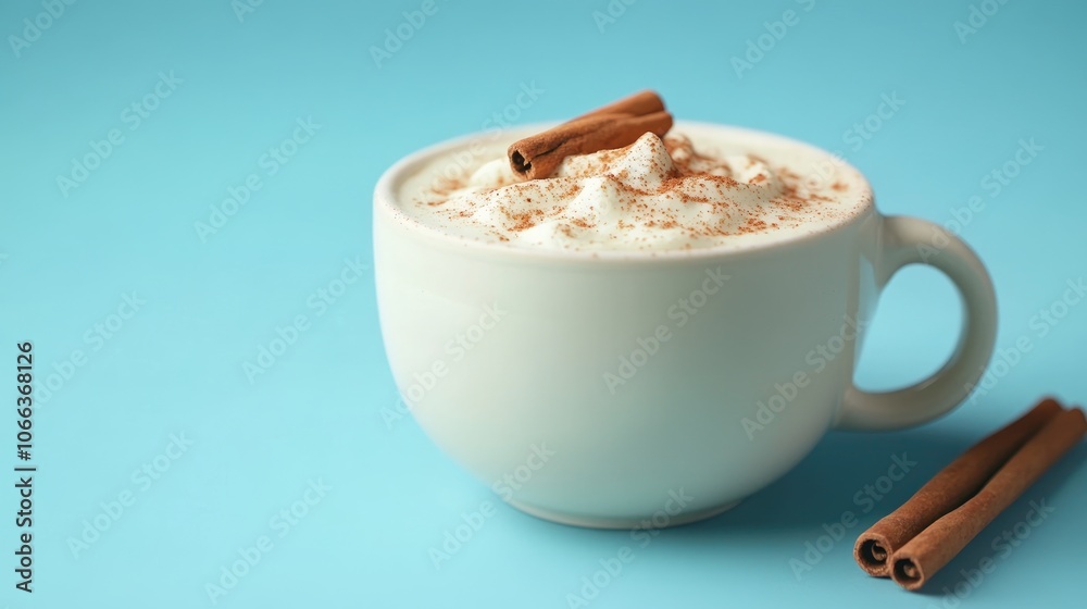 Pumpkin spiced latte in a cup garnished with cinnamon against a vintage blue backdrop Perfect for cozy breakfasts in the cooler seasons Pumpkin spiced latte in a cup garnished with cinnamon against a vintage blue backdrop Perfect for cozy breakfasts in the cooler seasons