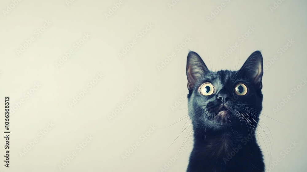 Portrait of a startled black cat with wide open eyes against a white studio background Concept of surprise and unexpected news with space for additional text Portrait of a startled black cat with wide open eyes against a white studio background Concept of surprise and unexpected news with space for additional text