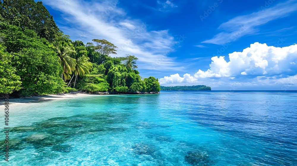 Lush Green Tropical Island with Pristine Blue Water and White Sandy Beach Lush Green Tropical Island with Pristine Blue Water and White Sandy Beach