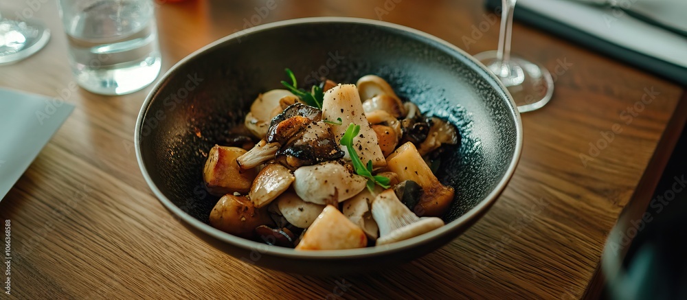A bowl of mixed mushrooms, including shiitake and oyster, on a wooden table. A bowl of mixed mushrooms, including shiitake and oyster, on a wooden table.