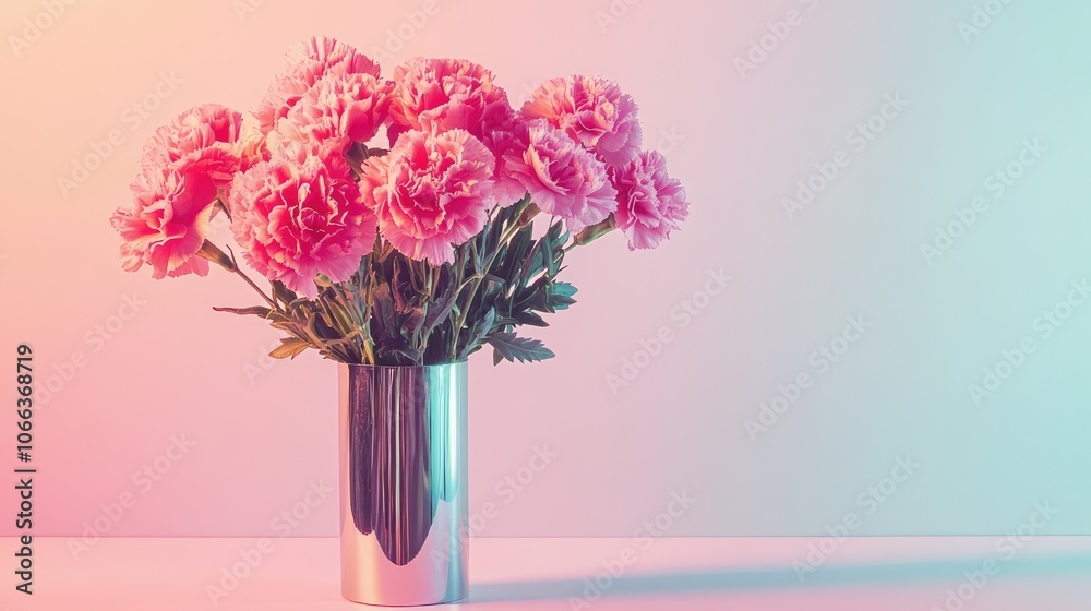 Obraz premium Pink carnations arranged in a metallic vase