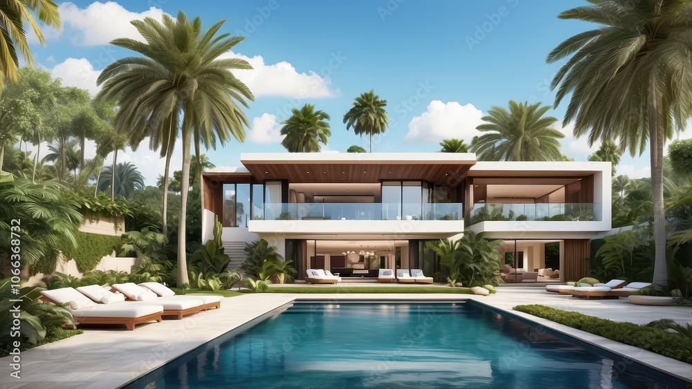 A luxurious upscale modern mansion with a sparkling pool, surrounded by lush greenery and towering palm trees, evoking a sense of tropical paradise. A luxurious upscale modern mansion with a sparkling pool, surrounded by lush greenery and towering palm trees, evoking a sense of tropical paradise.