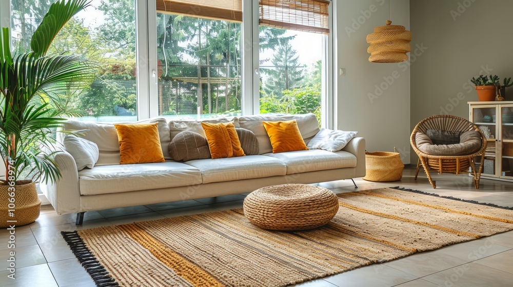 Interior of light living room with sofas, rattan table and soft carpet. Interior of light living room with sofas, rattan table and soft carpet.