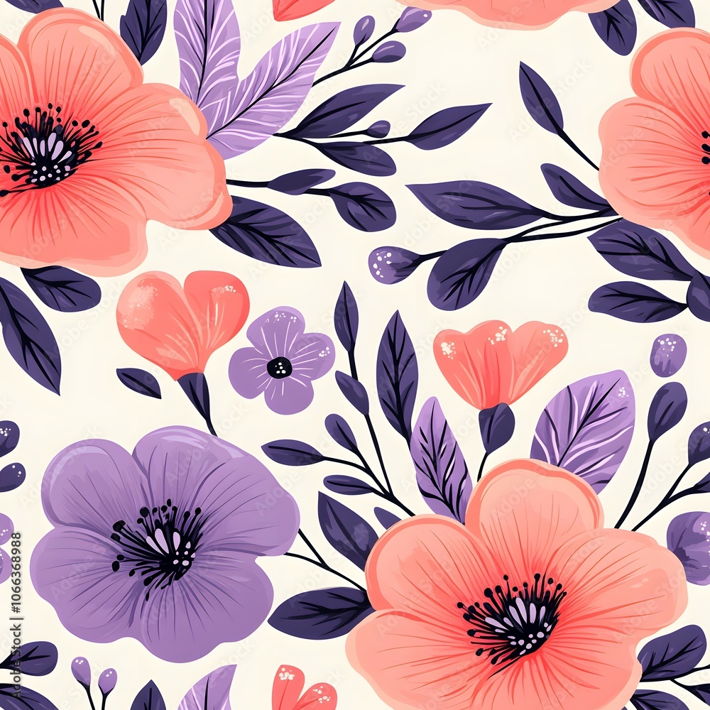 A seamless pattern of pink and purple flowers and leaves on a white background. A seamless pattern of pink and purple flowers and leaves on a white background.