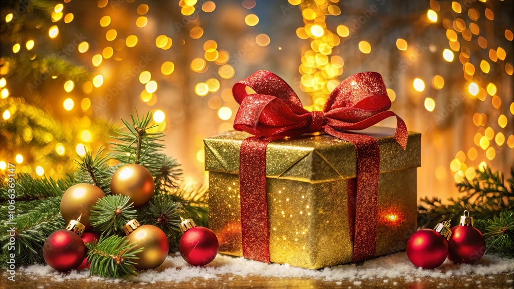 A golden gift box adorned with a red bow, surrounded by festive ornaments and a twinkling backdrop of light. A golden gift box adorned with a red bow, surrounded by festive ornaments and a twinkling backdrop of light.