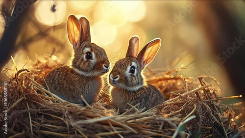 two Young rabbits without fur are resting in straw, fluffy eater concept