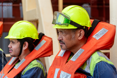 Schilderij op canvas Crew members wear life jackets as they gather for an abandon ship drill, reviewing lifeboat deployment