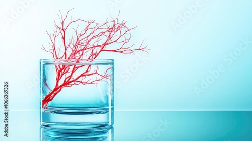 Red twig in a glass of water featuring a minimalist background with ample space for text photo