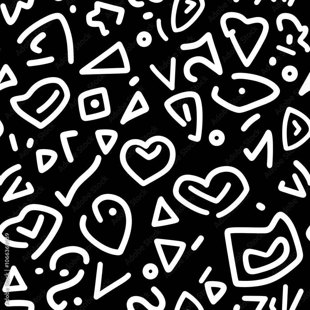 Abstract pattern with white hearts and geometric shapes on a black background. Abstract pattern with white hearts and geometric shapes on a black background.