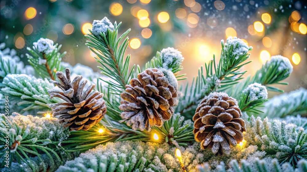 Wintery Evergreen Branch Adorned with Snow-Dusted Pinecones and Twinkling Lights Wintery Evergreen Branch Adorned with Snow-Dusted Pinecones and Twinkling Lights