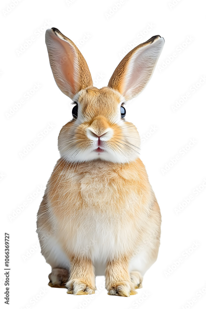 Studio portrait of a Mini Rex rabbit on a white background.