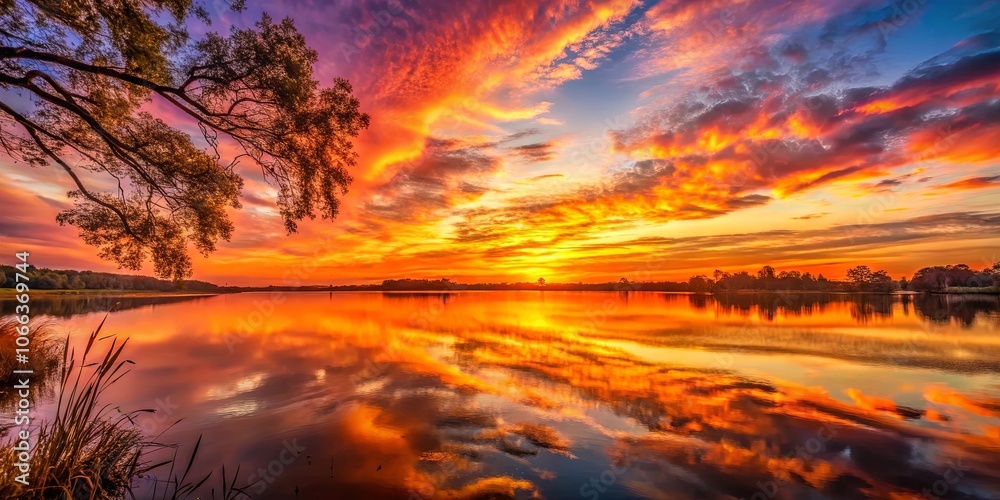 A vibrant sunset over a tranquil lake with clouds reflecting in the water like a fiery canvas A vibrant sunset over a tranquil lake with clouds reflecting in the water like a fiery canvas