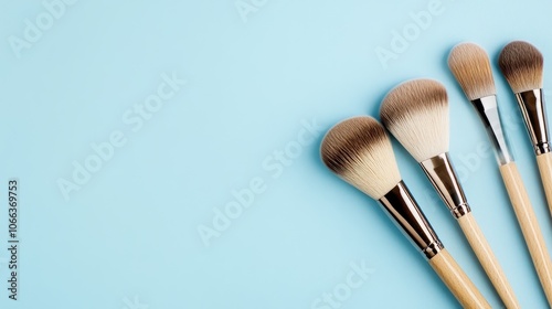 Soft natural makeup brushes arranged on a blue background providing ample space for text or branding