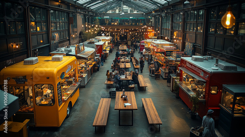 Elevated view of a diverse food court in a bustling downtown area