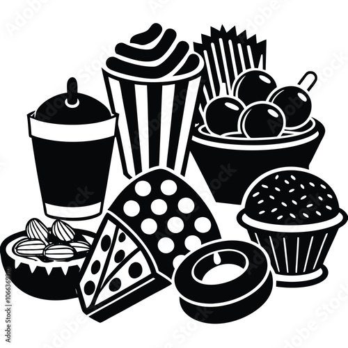 Silhouette snacks food vector art collection on white background for healthy food project