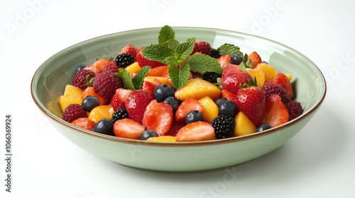 Refreshing summer fruit salad featuring berries peaches and strawberries garnished with mint and a zesty ginger dressing served in a pale green bowl on a white background