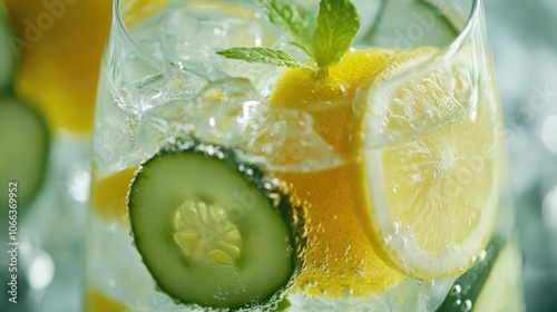 Refreshing detox water featuring lemon and cucumber promoting healthy eating and dieting with ample space for text photo