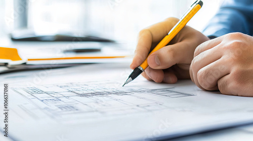 close up of hand holding pen, sketching architectural plans on paper, showcasing focus and creativity in design