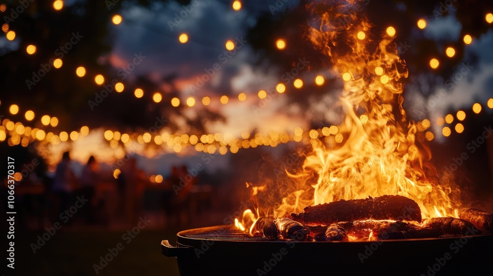 Outdoor barbecue grill with flames and friends socializing enjoying a gathering during sunset illuminated by string lights Outdoor barbecue grill with flames and friends socializing enjoying a gathering during sunset illuminated by string lights