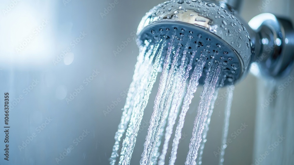 Showerhead water stream in a bathroom showcasing the contrast of cold water flow Showerhead water stream in a bathroom showcasing the contrast of cold water flow