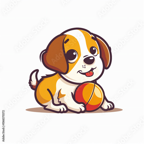 flat logo vector cute puppy playing with a ball cartoon vector icon illustration white background