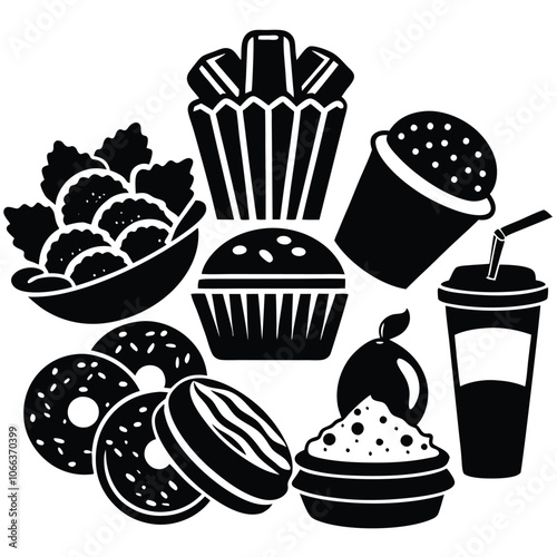 Silhouette snacks food vector art collection on white background for healthy food project