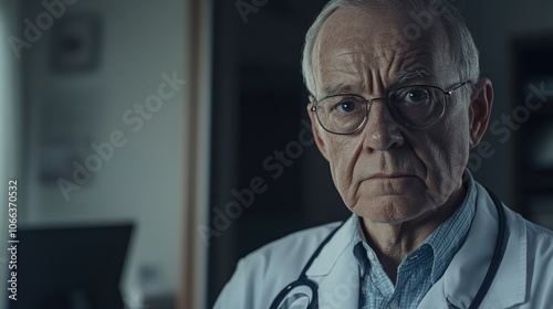 Serious older doctor with a somber expression in his office setting