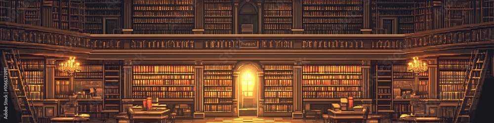 Pixel art grand library background with bookshelves chandeliers