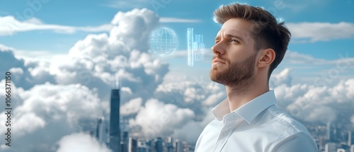Ambitious businessman standing on stairs surrounded by holographic business goals and targets against a backdrop of modern city skyscrapers  Concept of strategic planning innovation