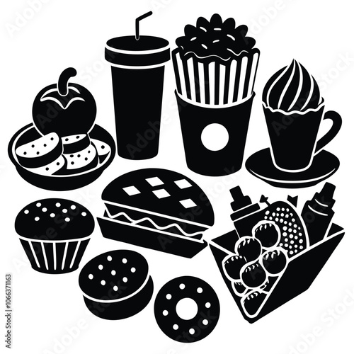 Silhouette snacks food vector art collection on white background for healthy food project