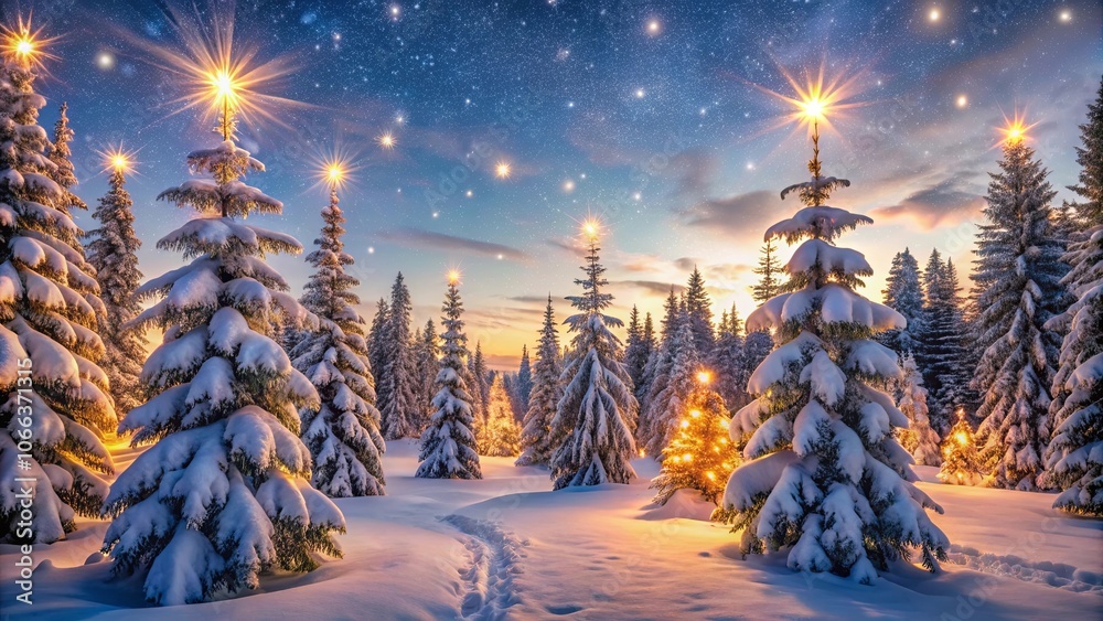 A serene snow-covered forest illuminated by celestial lights and the soft glow of the setting sun A serene snow-covered forest illuminated by celestial lights and the soft glow of the setting sun