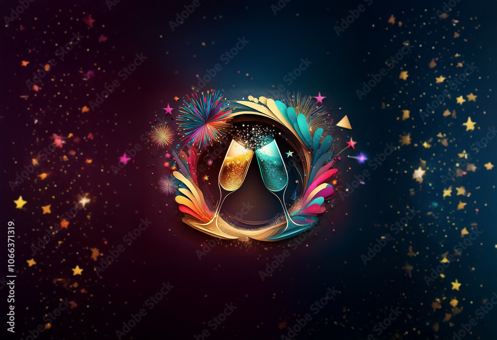 Fototapeta premium Two champagne glasses clinking, surrounded by colorful feathers and a golden circle, with a background of twinkling stars.