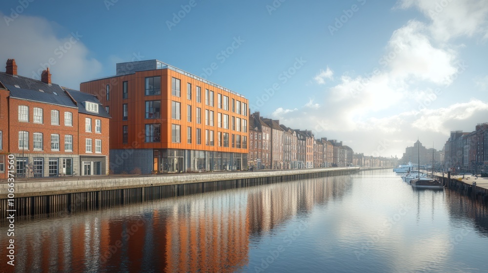 Fototapeta premium Modern architecture reflected in a canal in a European city with clear blue sky.