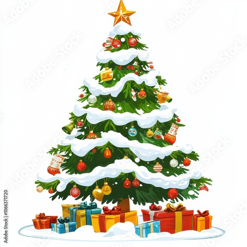 A beautifully decorated Christmas tree with colorful ornaments and wrapped gifts underneath, perfect for festive celebrations.