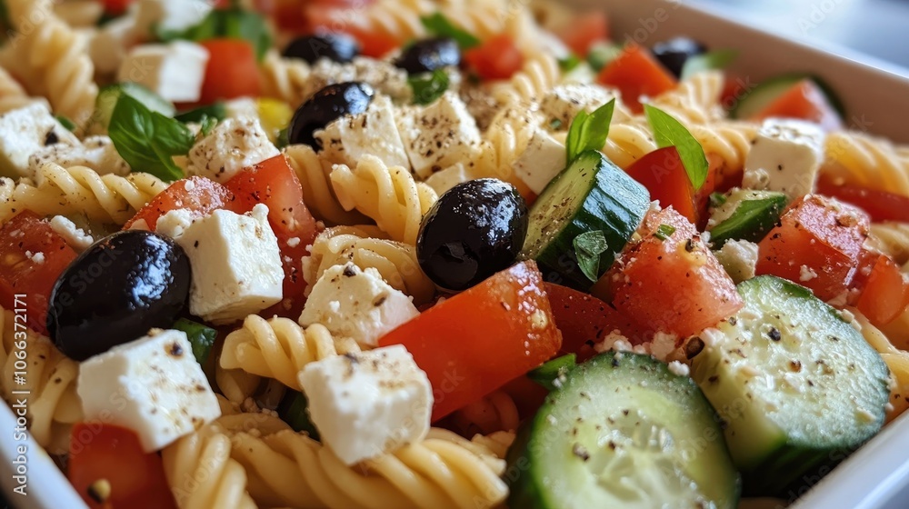 Pasta salad featuring tomatoes black olives cucumbers and feta cheese A nutritious and delicious dish