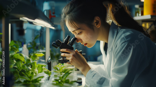 A scientist in a lab coat is carefully studying plants. She's using a microscope to look at leaves in a glass dish, researching the natural healing powers of herbs.