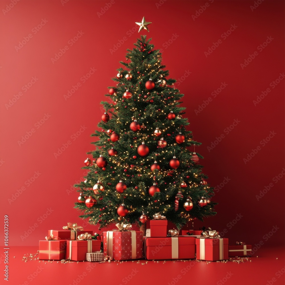 A beautifully decorated Christmas tree with red ornaments and gifts on a vibrant red background, perfect for festive celebrations. A beautifully decorated Christmas tree with red ornaments and gifts on a vibrant red background, perfect for festive celebrations.