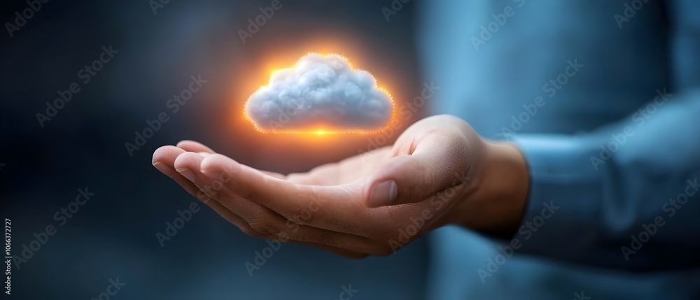 Digital cloud icon representing data storage security and protection glowing in the palm of a hand with surrounding copy space for text or design elements Concept of technology cloud computing Digital cloud icon representing data storage security and protection glowing in the palm of a hand with surrounding copy space for text or design elements Concept of technology cloud computing