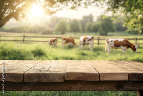 Wood tabletop on cow farm background  ideal outdoor podium for milk presentation mockup photo