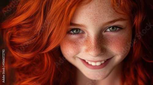 Smiling Young Girl with Red Hair Looking toward the Camera