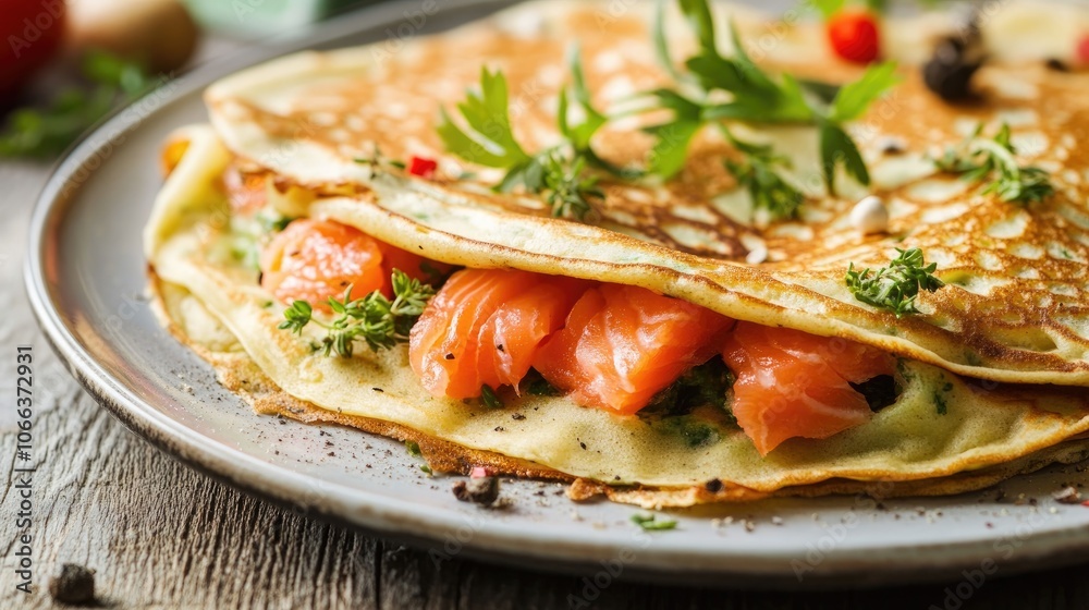 Savory crepe pancakes filled with salmon and herbs served on a plate Savory crepe pancakes filled with salmon and herbs served on a plate