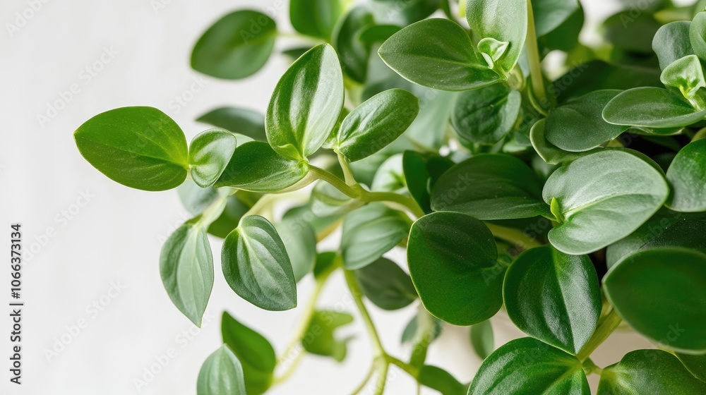 Peperomia houseplant exhibiting etiolation with elongated stems and small leaves due to insufficient light against a white backdrop Peperomia houseplant exhibiting etiolation with elongated stems and small leaves due to insufficient light against a white backdrop