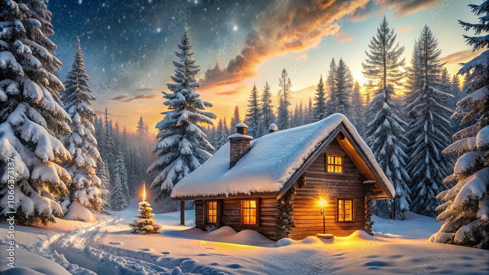 A quaint wooden cabin nestled amidst a snowy forest, bathed in the warm glow of twilight, with twinkling stars overhead and a picturesque trail leading through the pristine landscape. A quaint wooden cabin nestled amidst a snowy forest, bathed in the warm glow of twilight, with twinkling stars overhead and a picturesque trail leading through the pristine landscape.