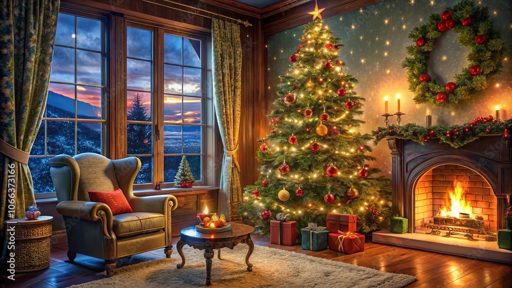 Obraz premium A festive scene with a glowing fireplace, a decorated Christmas tree, and a plush armchair, framed by a large window with a snowy mountain view outside.