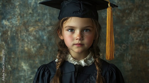 Portrait of a young girl wearing a graduation gown and cap displaying a determined expression photo